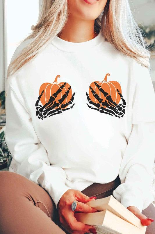 SKELETON HOLDING PUMPKINS Graphic Sweatshirt