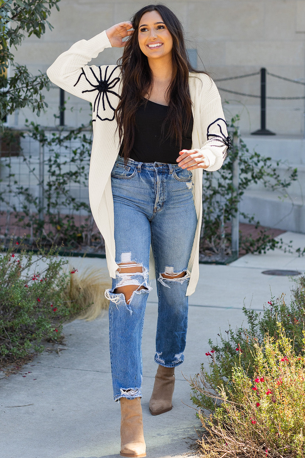 Beige Flower Embroidered Drop Shoulder Open Front Duster Cardigan