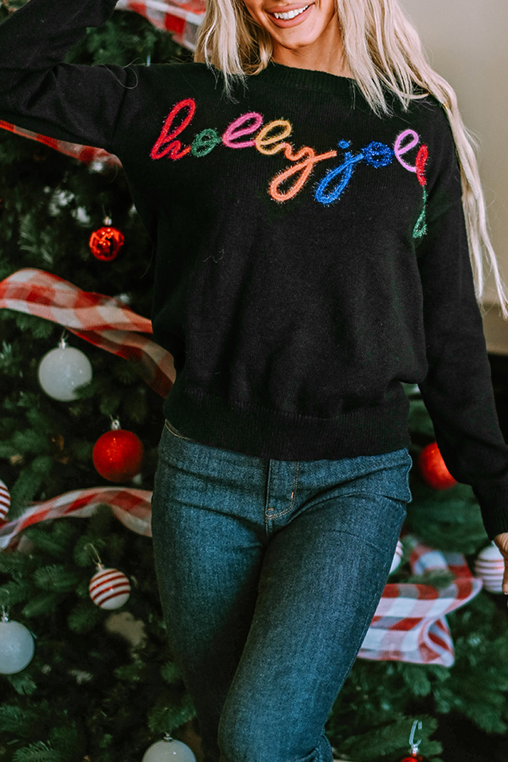 Glitter Print Round Neck Casual Sweater
