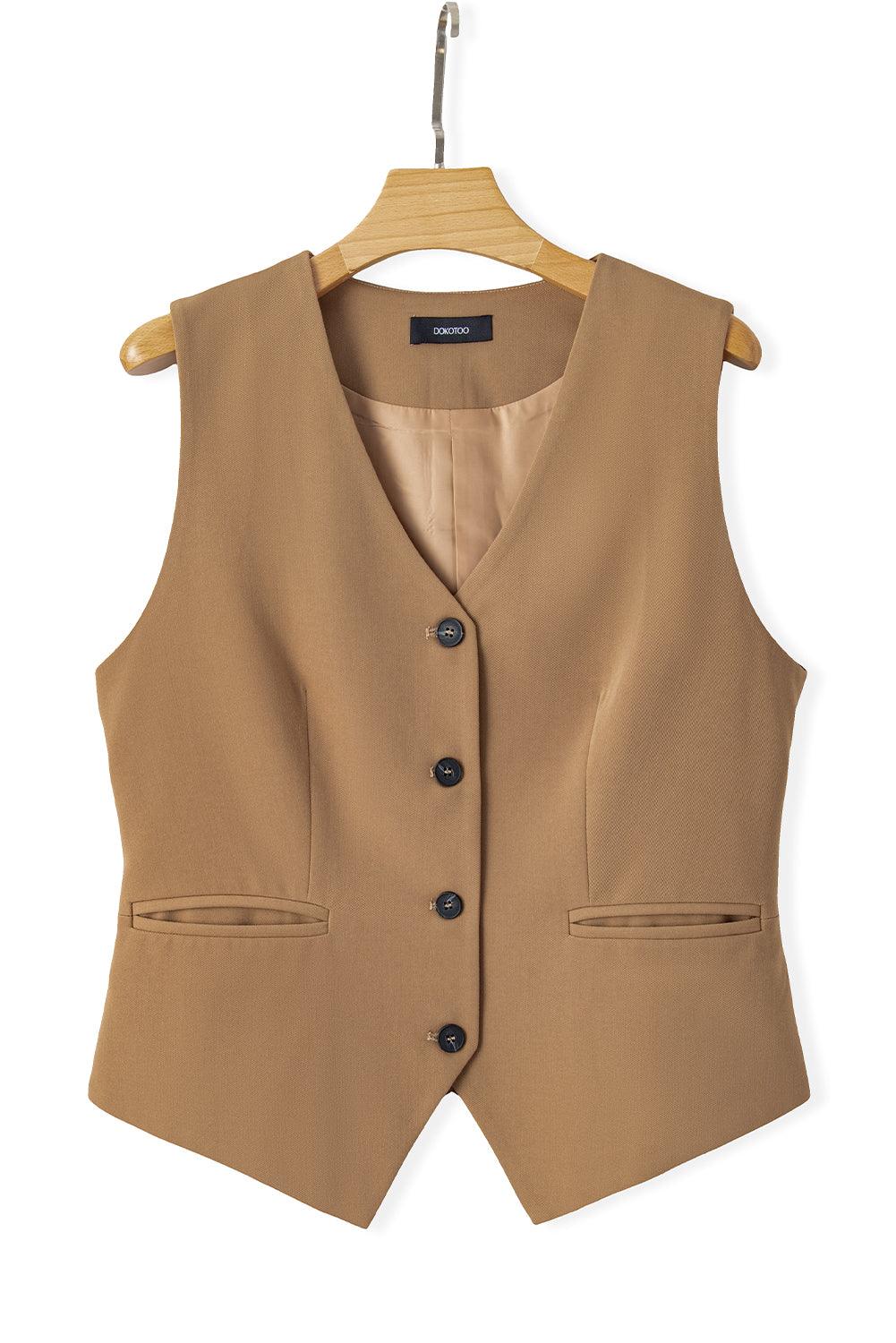 Chestnut Solid Color Button up V Neck Suit Vest