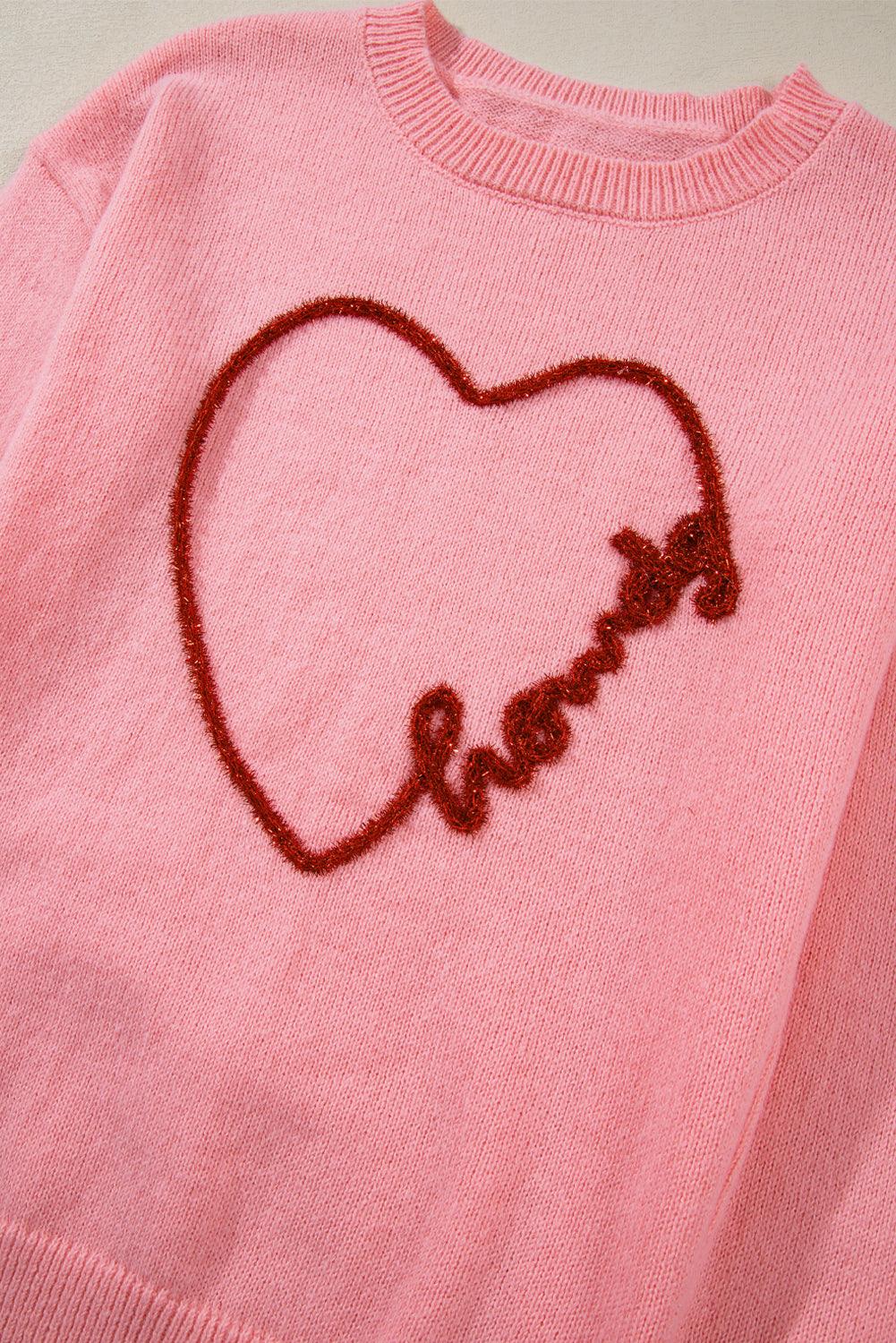 Pink Howdy Heart Graphic Round Neck Casual Sweater