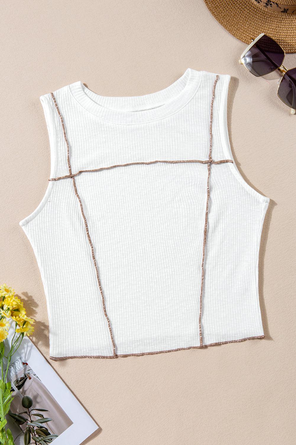 White Contrast Seams Ribbed Tank Top