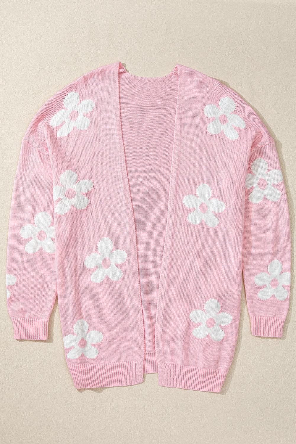 Pink Floral Print Knitted Open Front Loose Cardigan