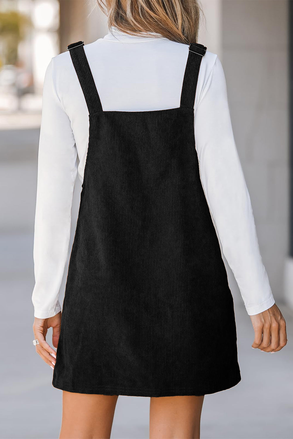 Black Solid Front Pockets Sleeveless Corduroy Overall Dress