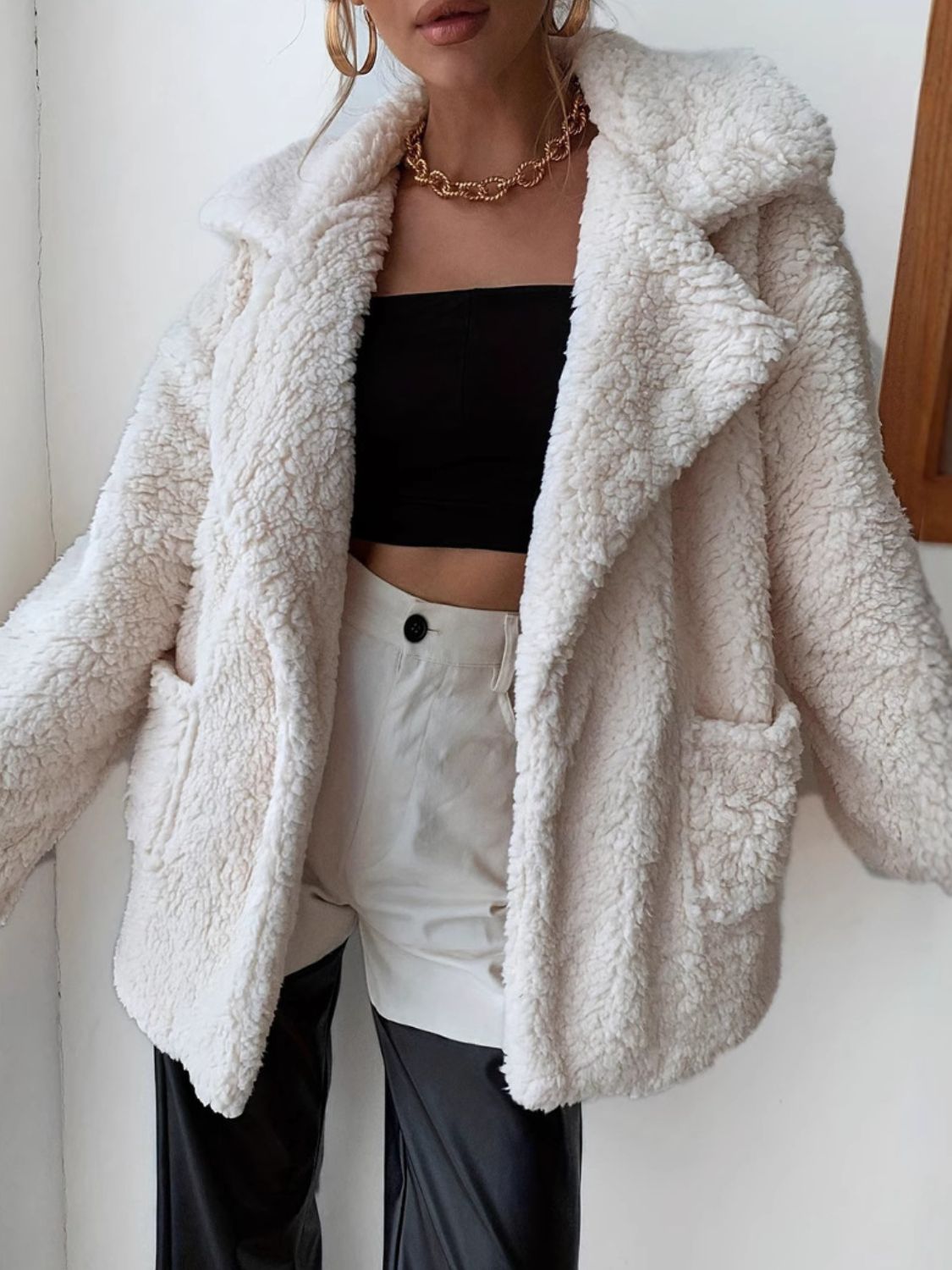 Fuzzy Open Front Long Sleeve Coat