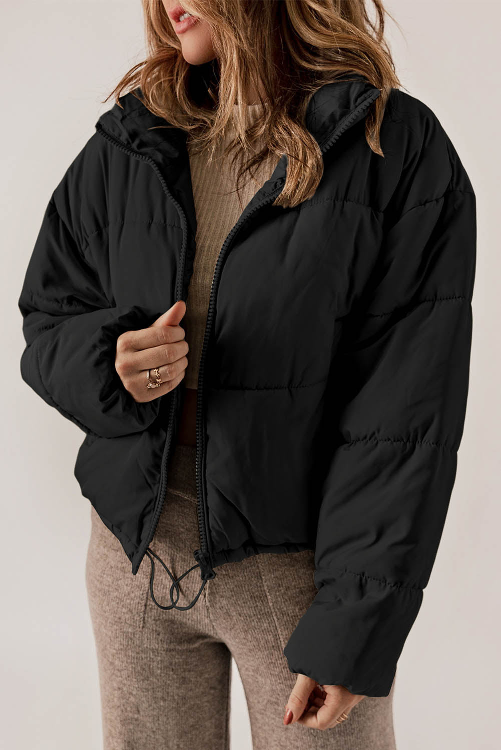 Black Zip Up Drawstring Hem Puffer Coat