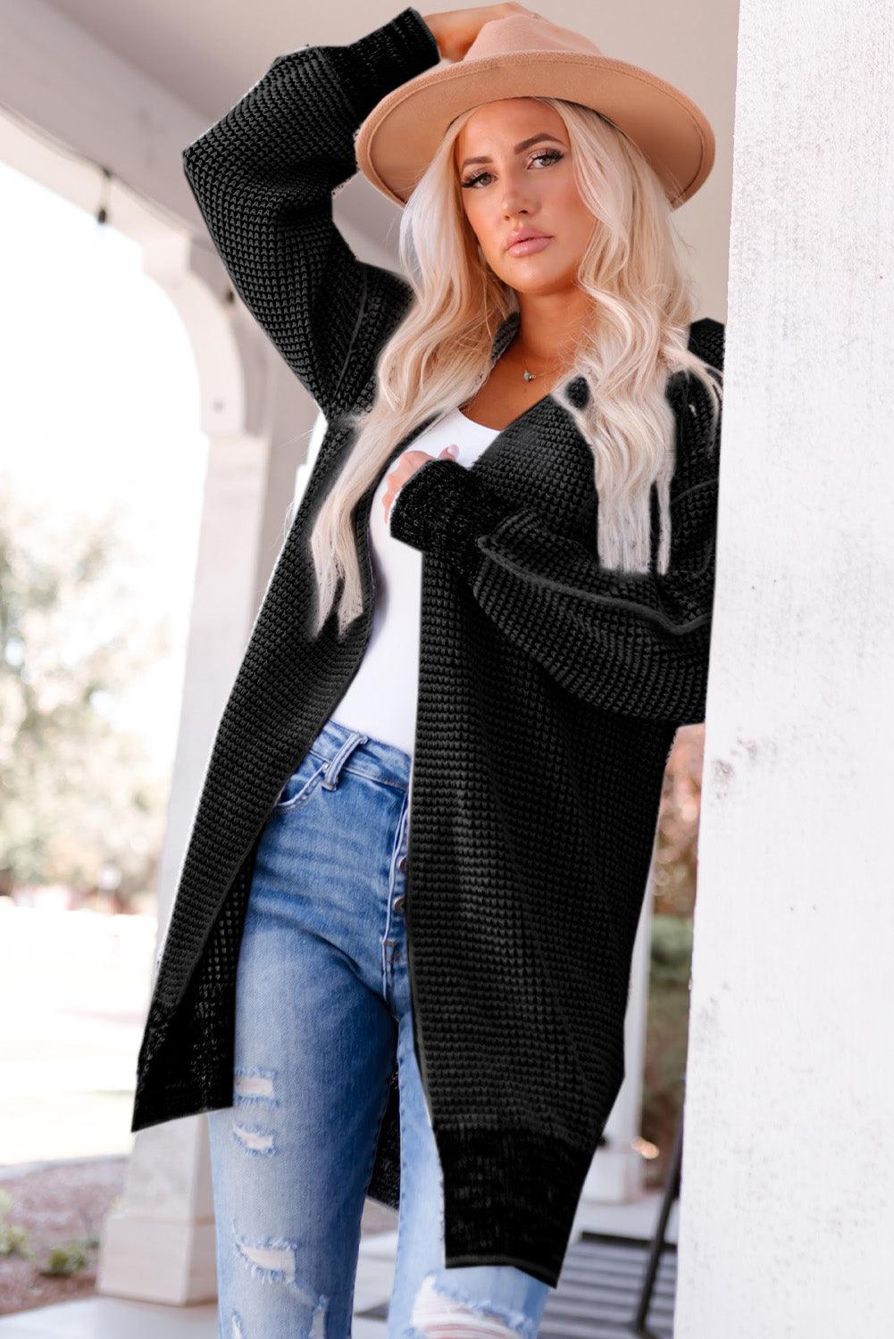 Black Plaid Knitted Long Open Front Cardigan