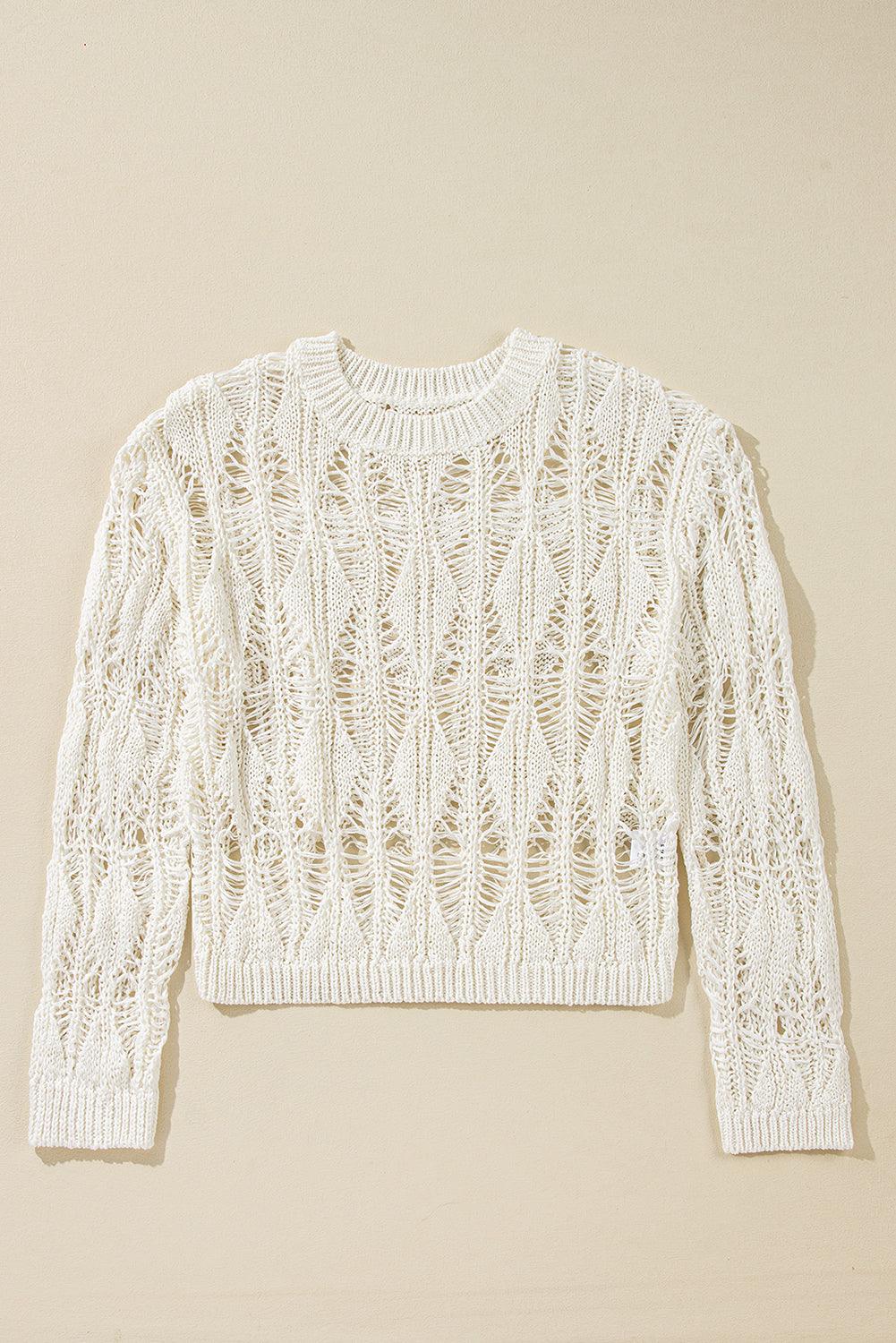 White Cut Out Crochet Crew Neck Loose Fit Sweater