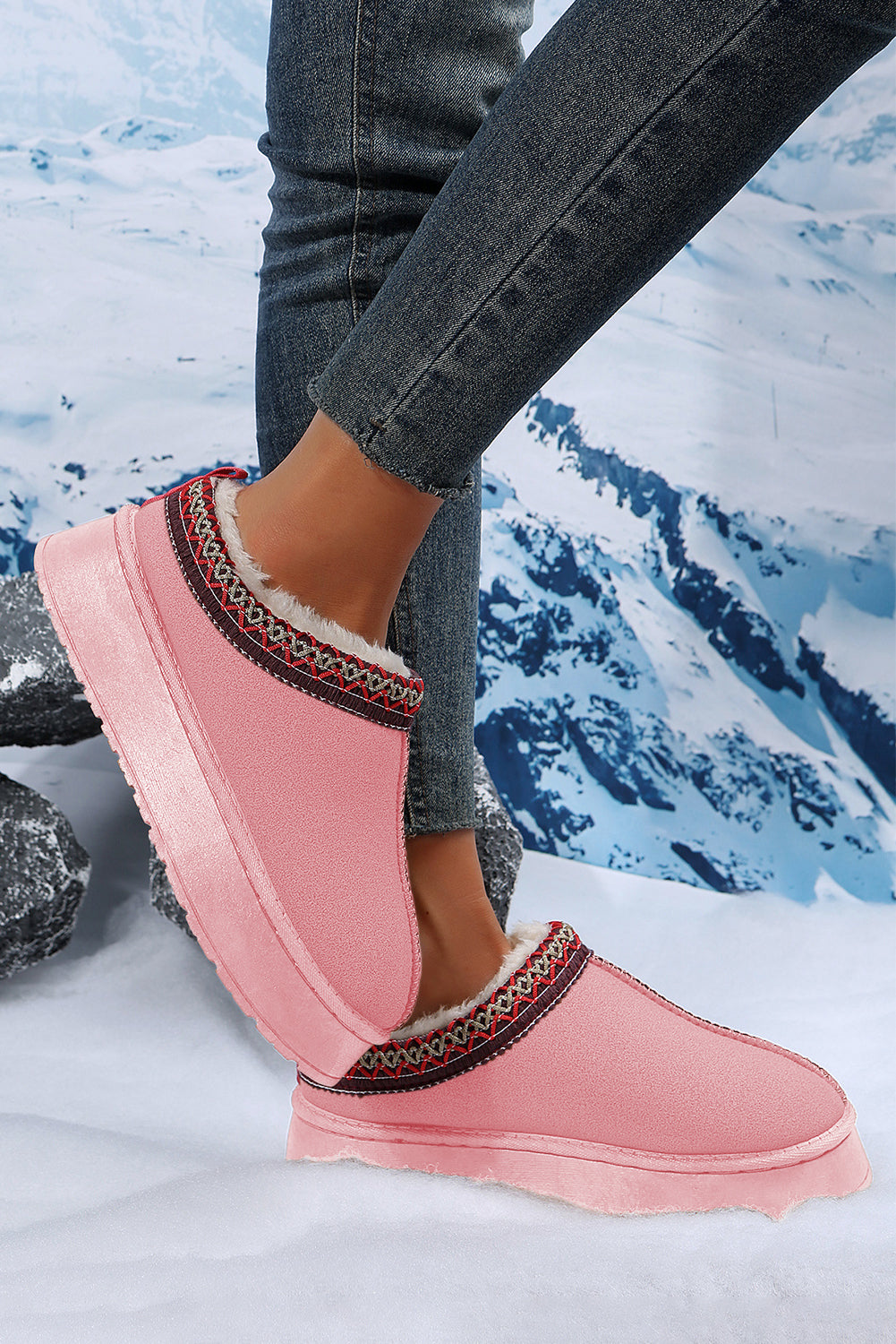 Apricot Pink Suede Contrast Print Plush Lined Snow Boots