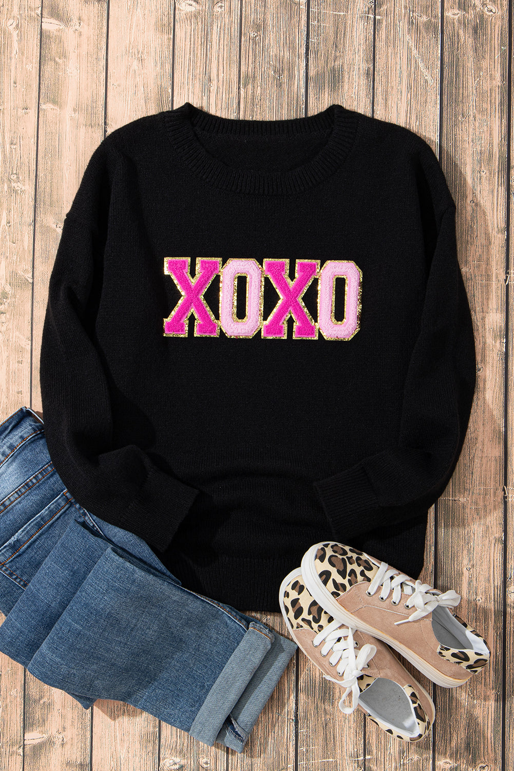 Glitter Print Round Neck Casual Sweater