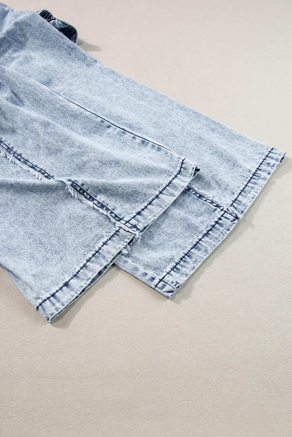 Beau Blue Light Wash Frayed Exposed Seam Wide Leg Denim Overall