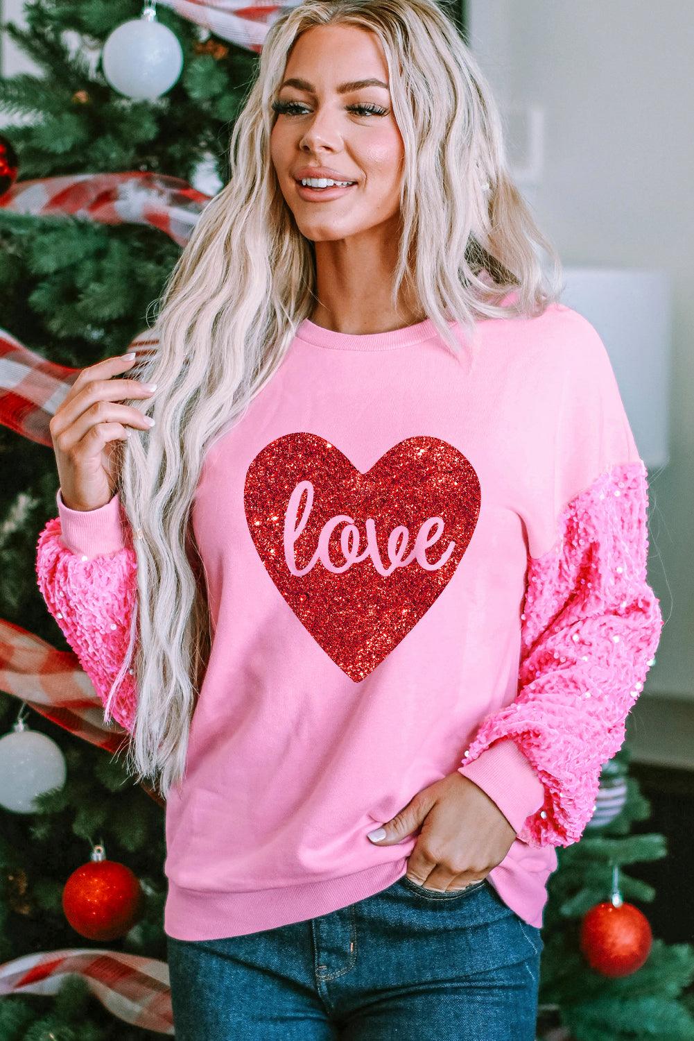 Pink  LOVE Chenille  Sequin Sleeve Top