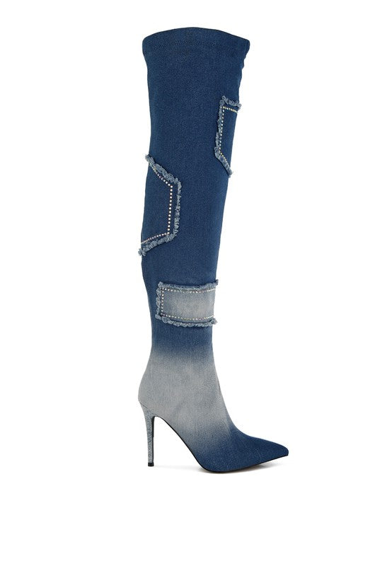 Eilish Rhinestones Knee High Denim Boots