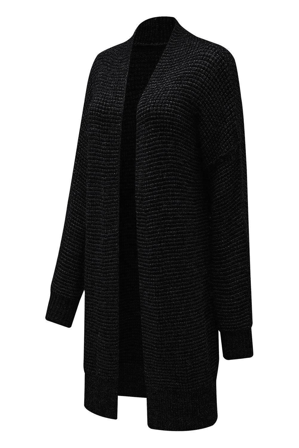 Black Plaid Knitted Long Open Front Cardigan