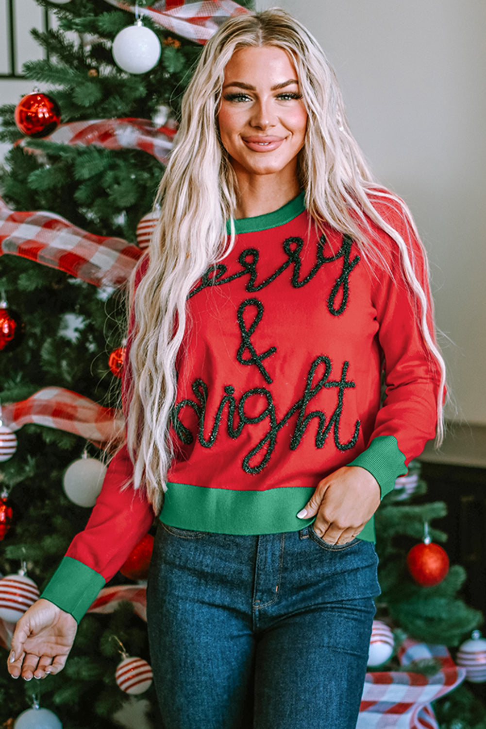 Glitter Print Round Neck Casual Sweater