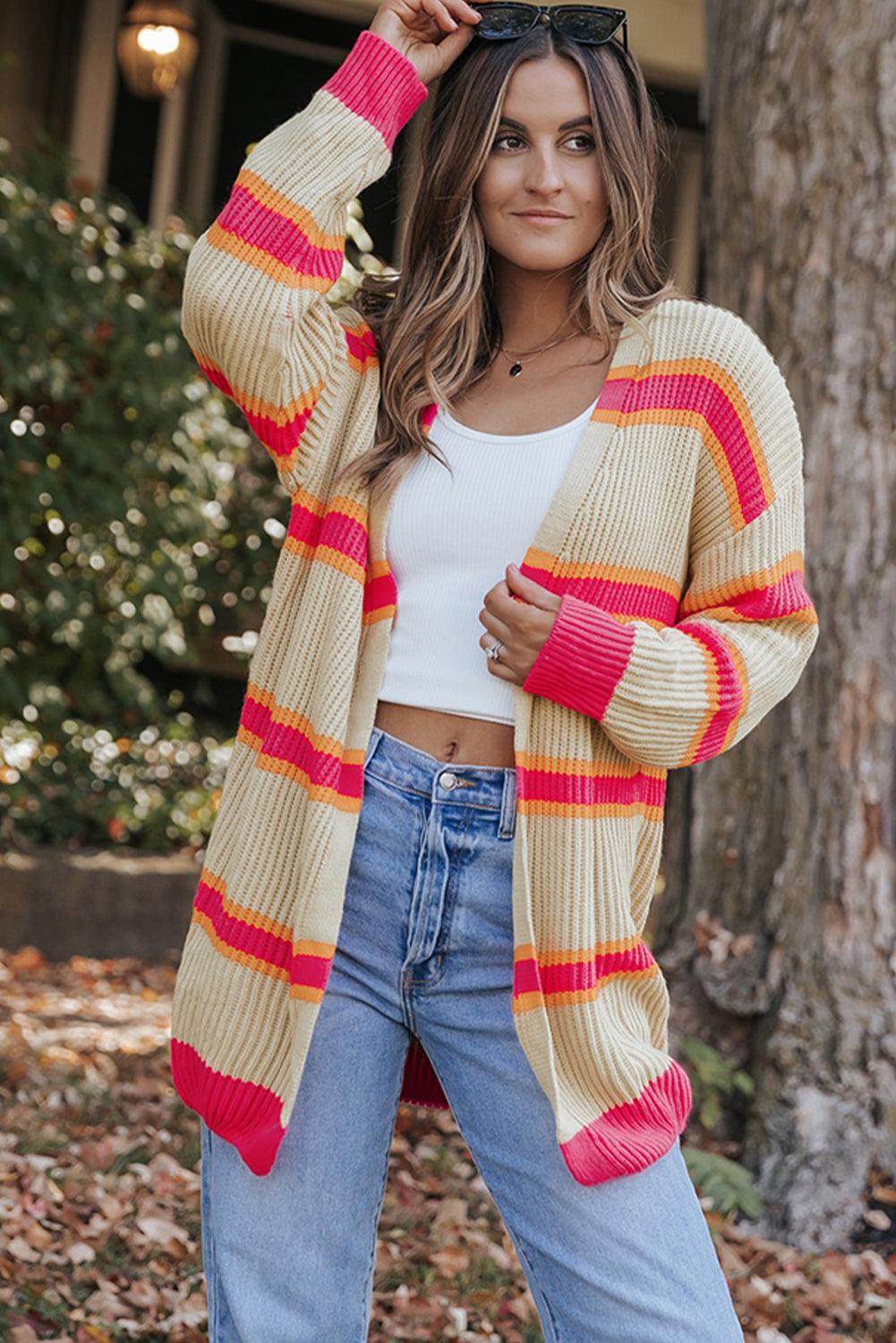 Stripe Printed Ribbed Long Knitted Cardigan