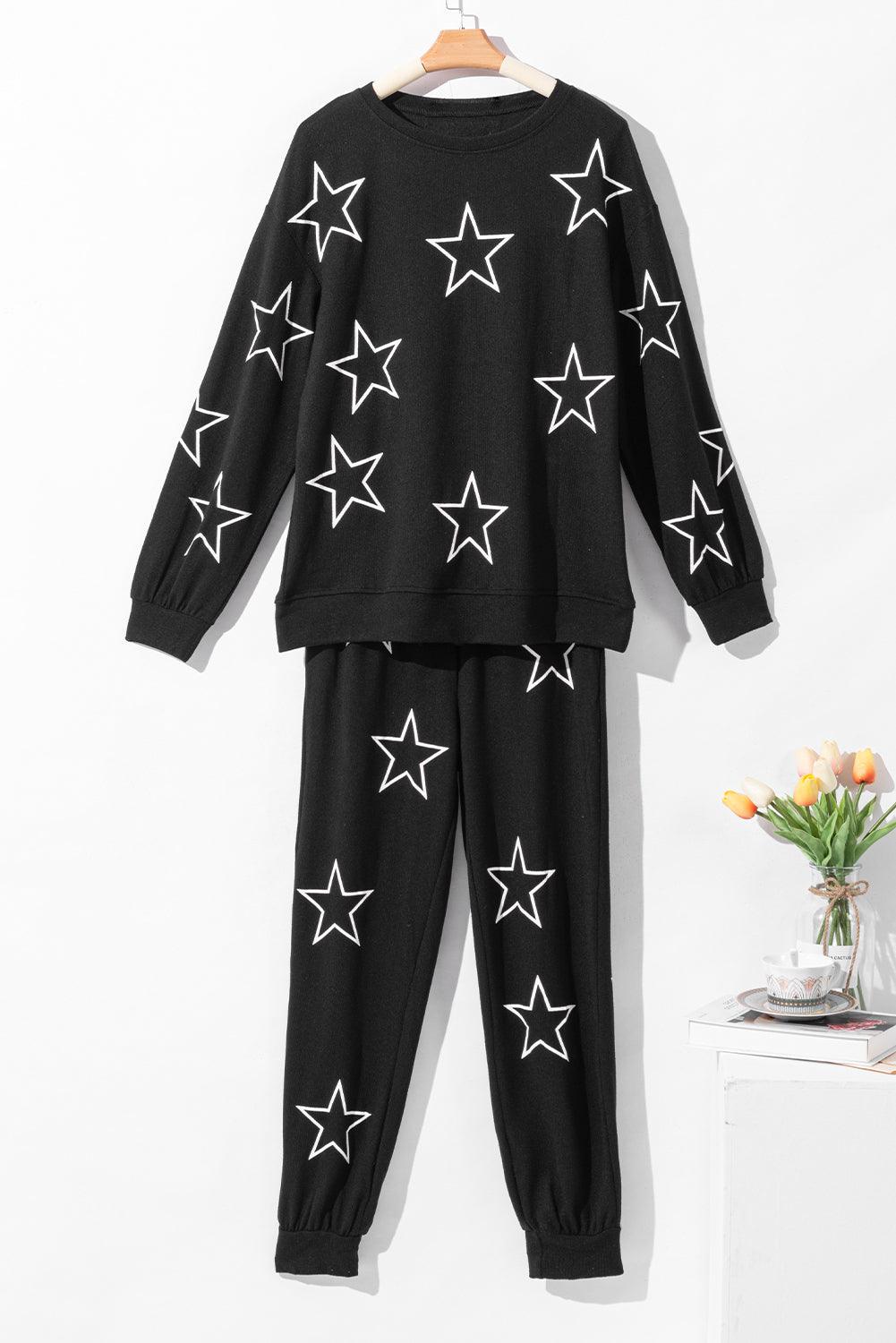 Gray Stars Print Long Sleeve Drawstring High Waist Lounge Set