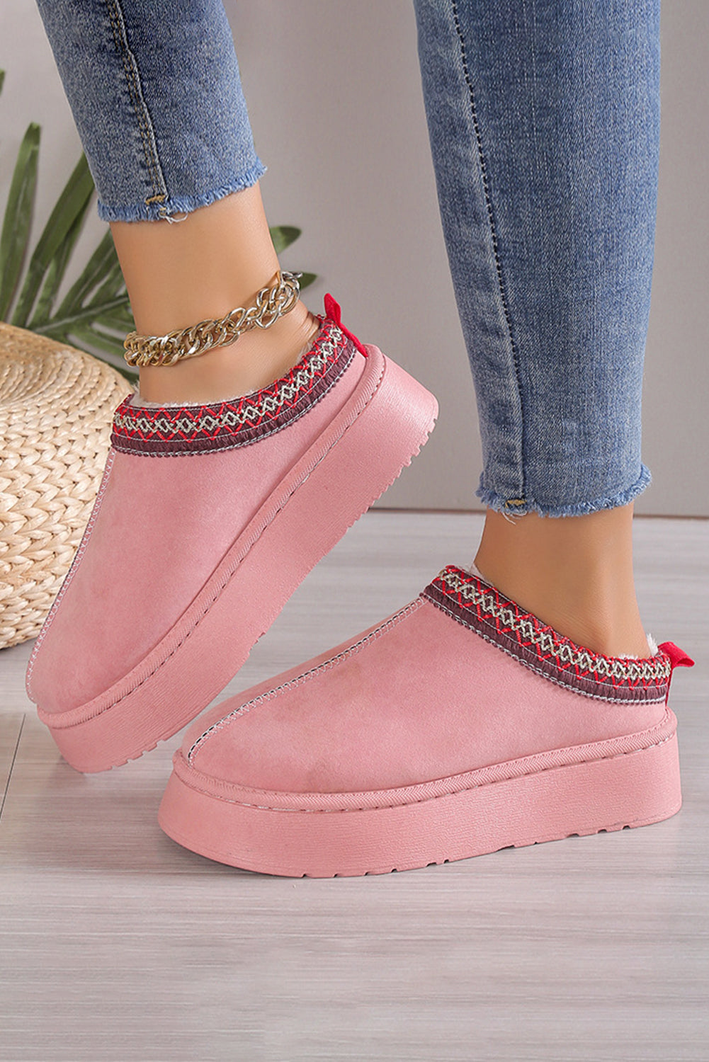 Apricot Pink Suede Contrast Print Plush Lined Snow Boots