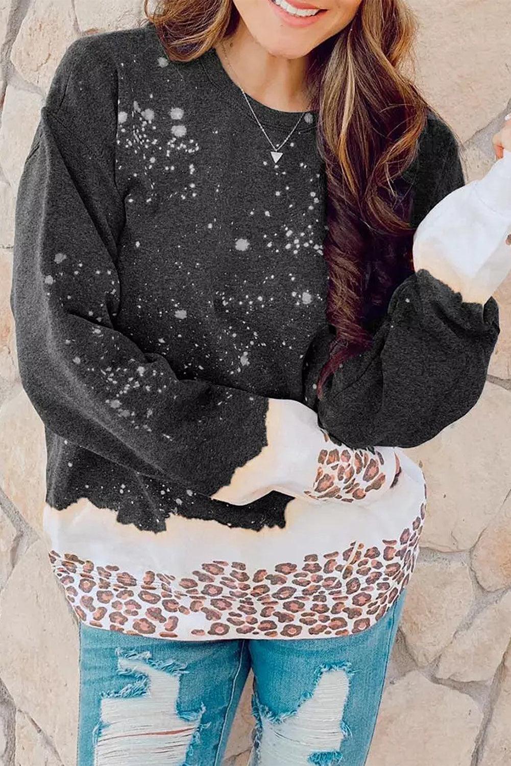 Leopard Bleached Heart Graphic Pullover Sweatshirt