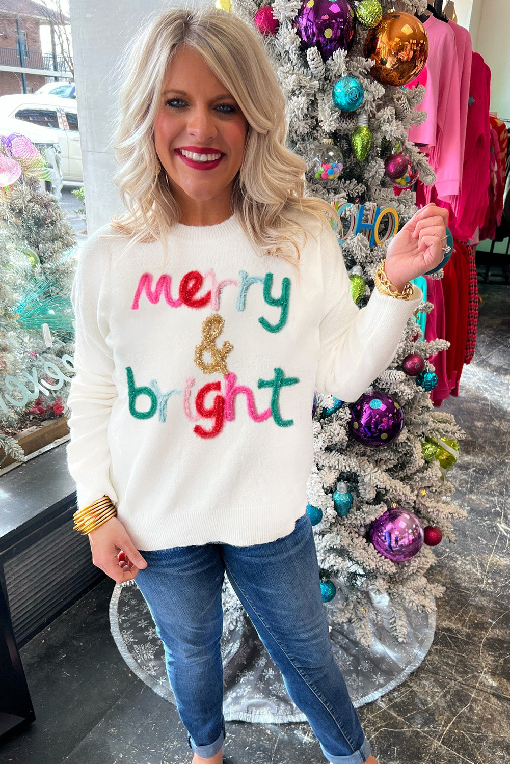 Pink Howdy Heart Graphic Round Neck Casual Sweater