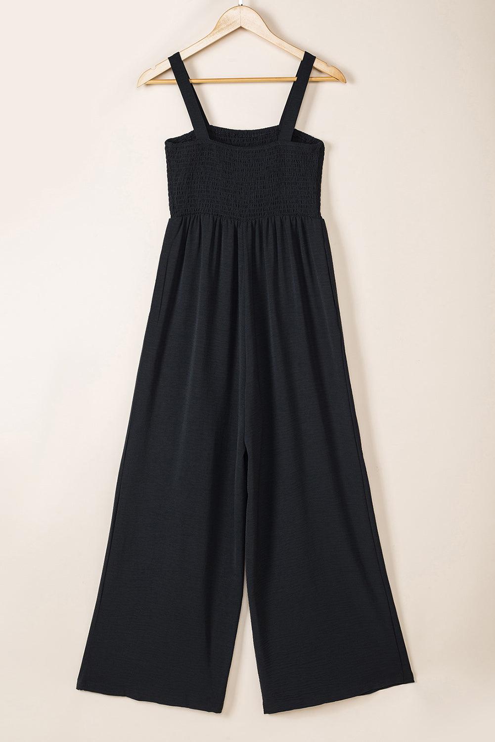 Black Smocked Sleeveless Wide Leg Jumpsuit with Pockets