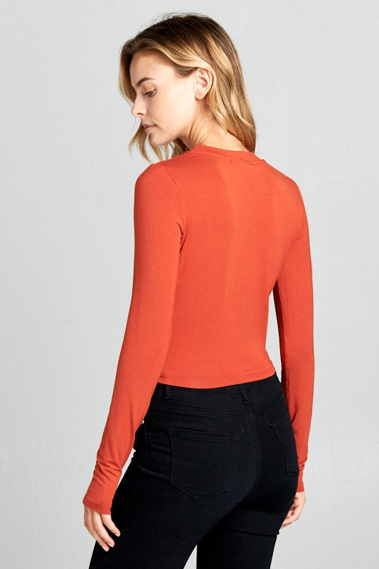 round neck long sleeve knit crop top