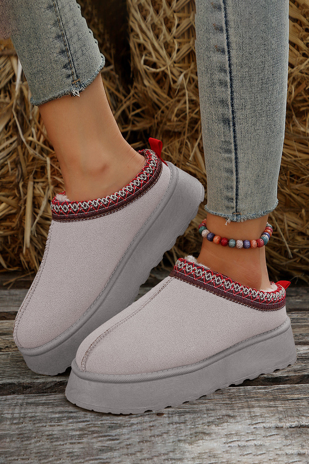 Apricot Pink Suede Contrast Print Plush Lined Snow Boots