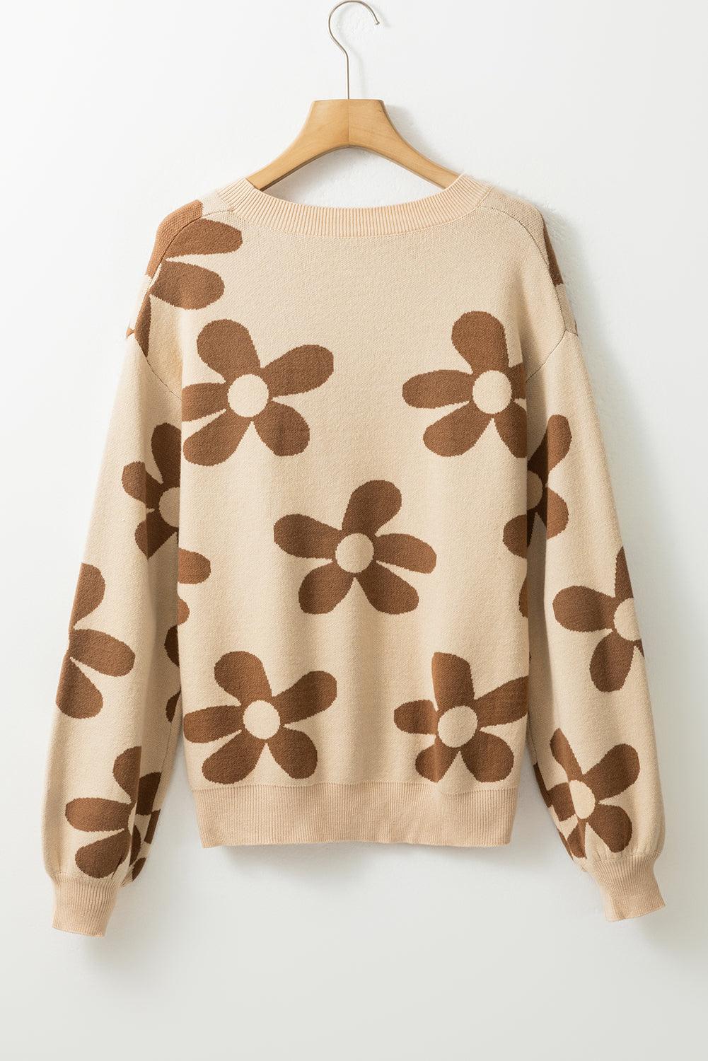 Parchment Big Flower Knit Ribbed Trim Sweater