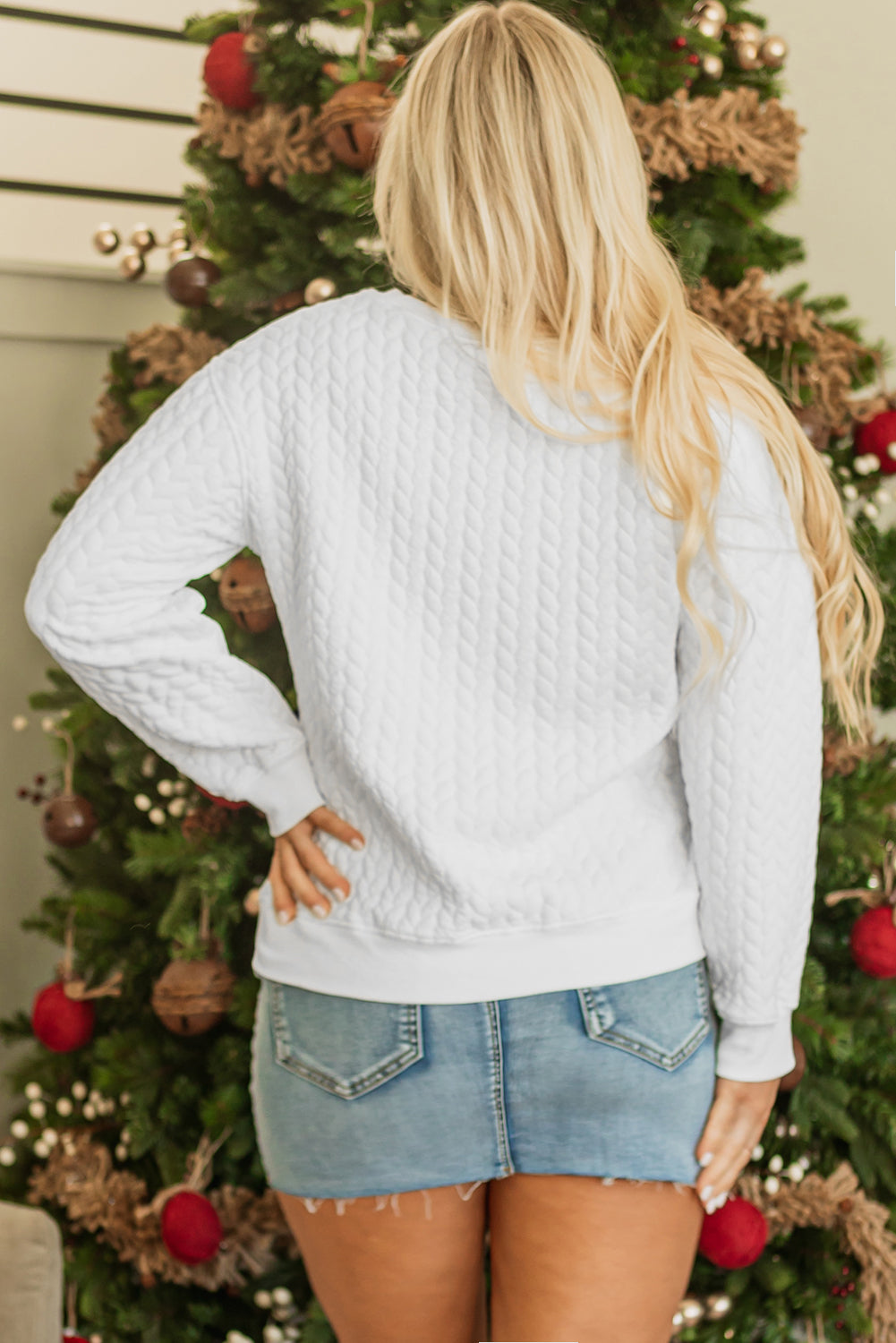 White XOXO Glitter Chenille Cable Knit Pullover Sweatshirt