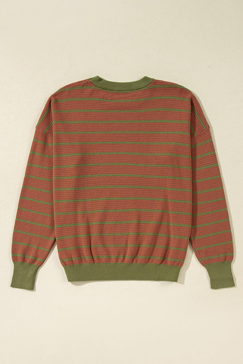 Brown Stripe Trimmed Round Neck Drop Shoulder Loose Sweater