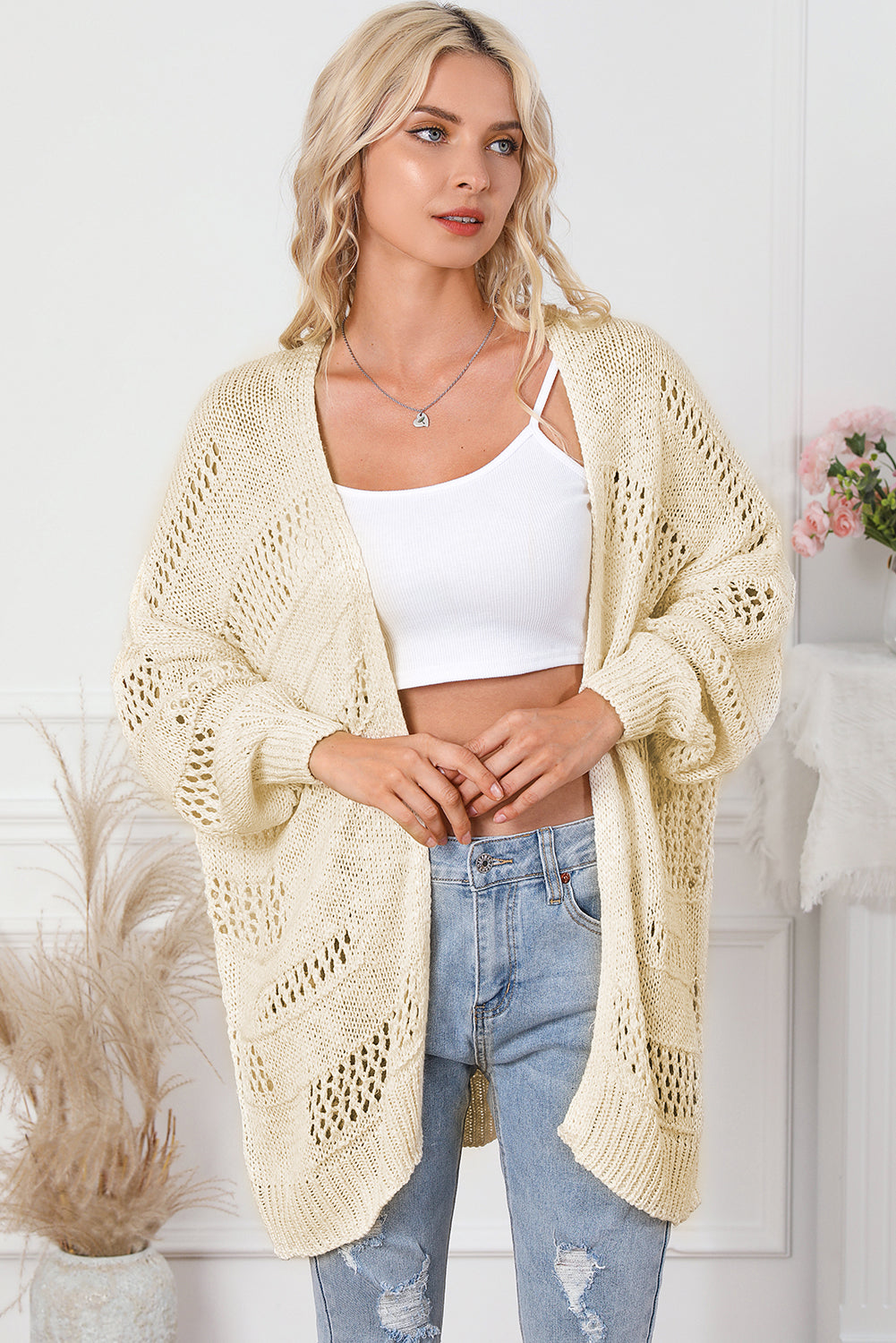 Hollowed Knit Dolman Sleeve Cardigan