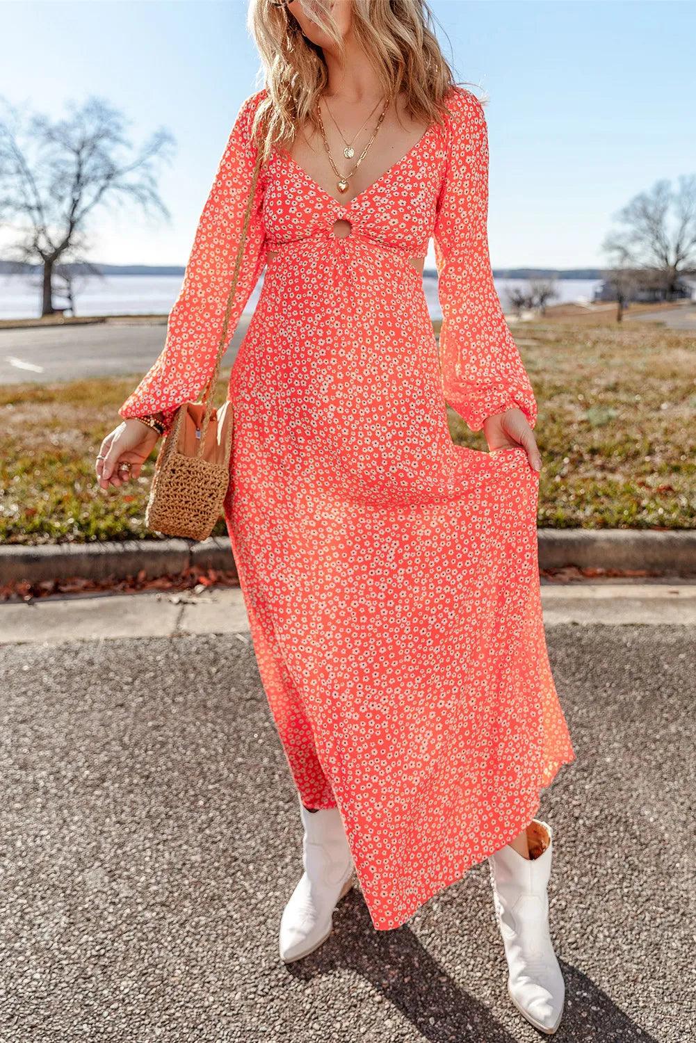 Printed V-Neck Long Sleeve Midi Dress