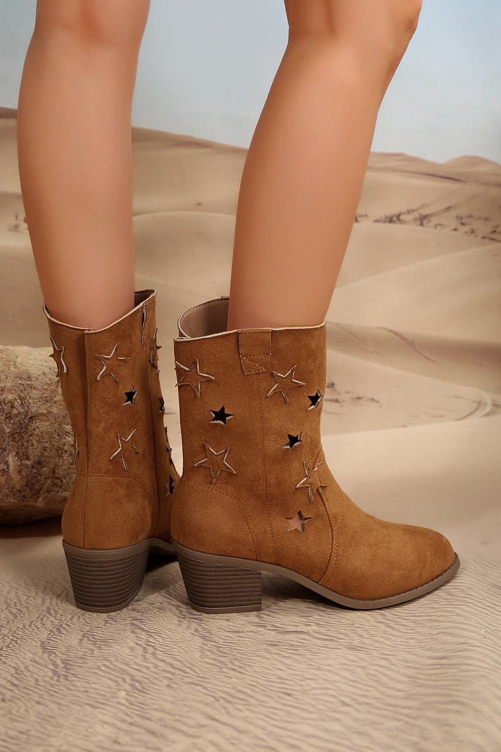 Chestnut Star Decor Suede Chunky Heel Boots