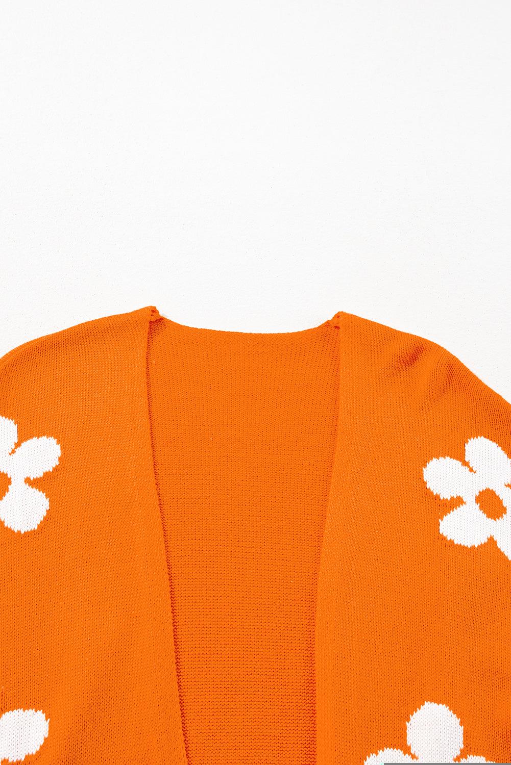 Orange Floral Print Knitted Open Front Loose Cardigan