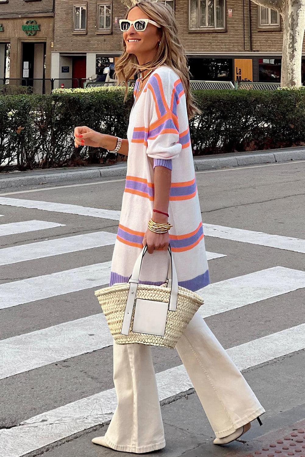 Beige Striped Long Sleeve Ribbed Trim Button Cardigan