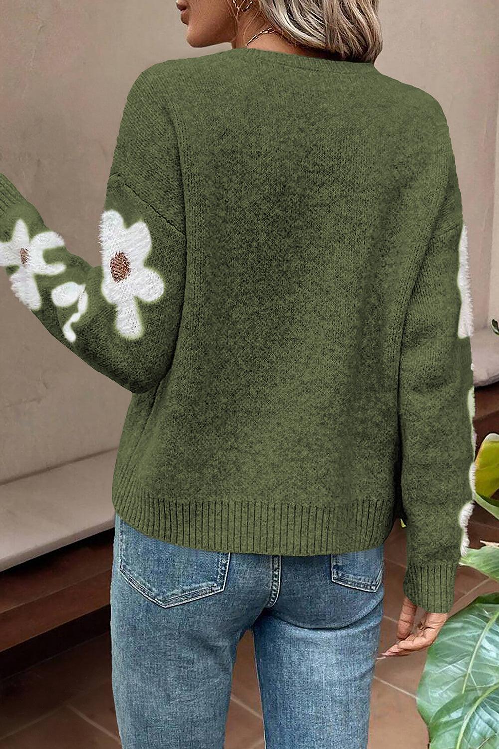 Moss Green Flower Sleeve Drop Shoulder Sweater