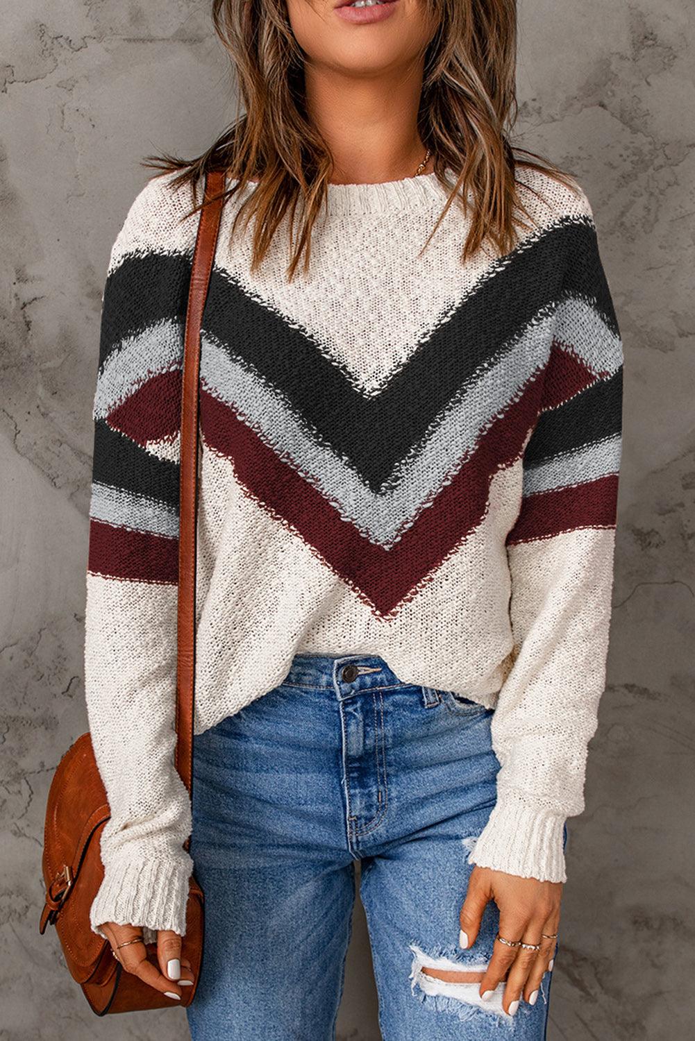 Multicolor Chevron Striped Drop Shoulder Sweater