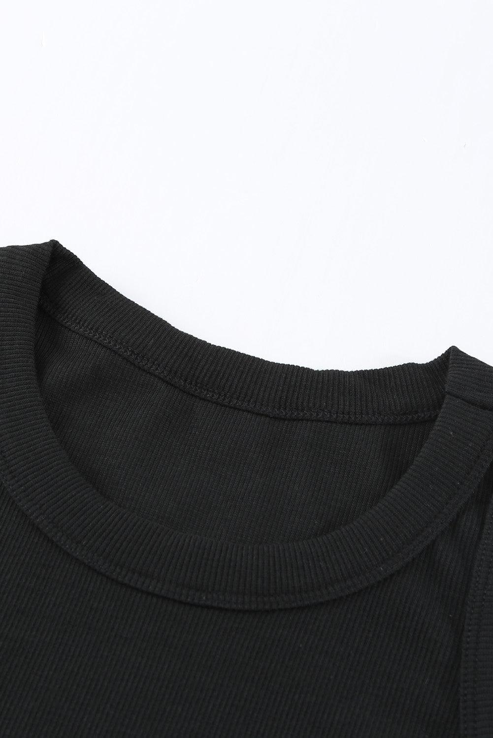 Solid Black Round Neck Ribbed Tank Top