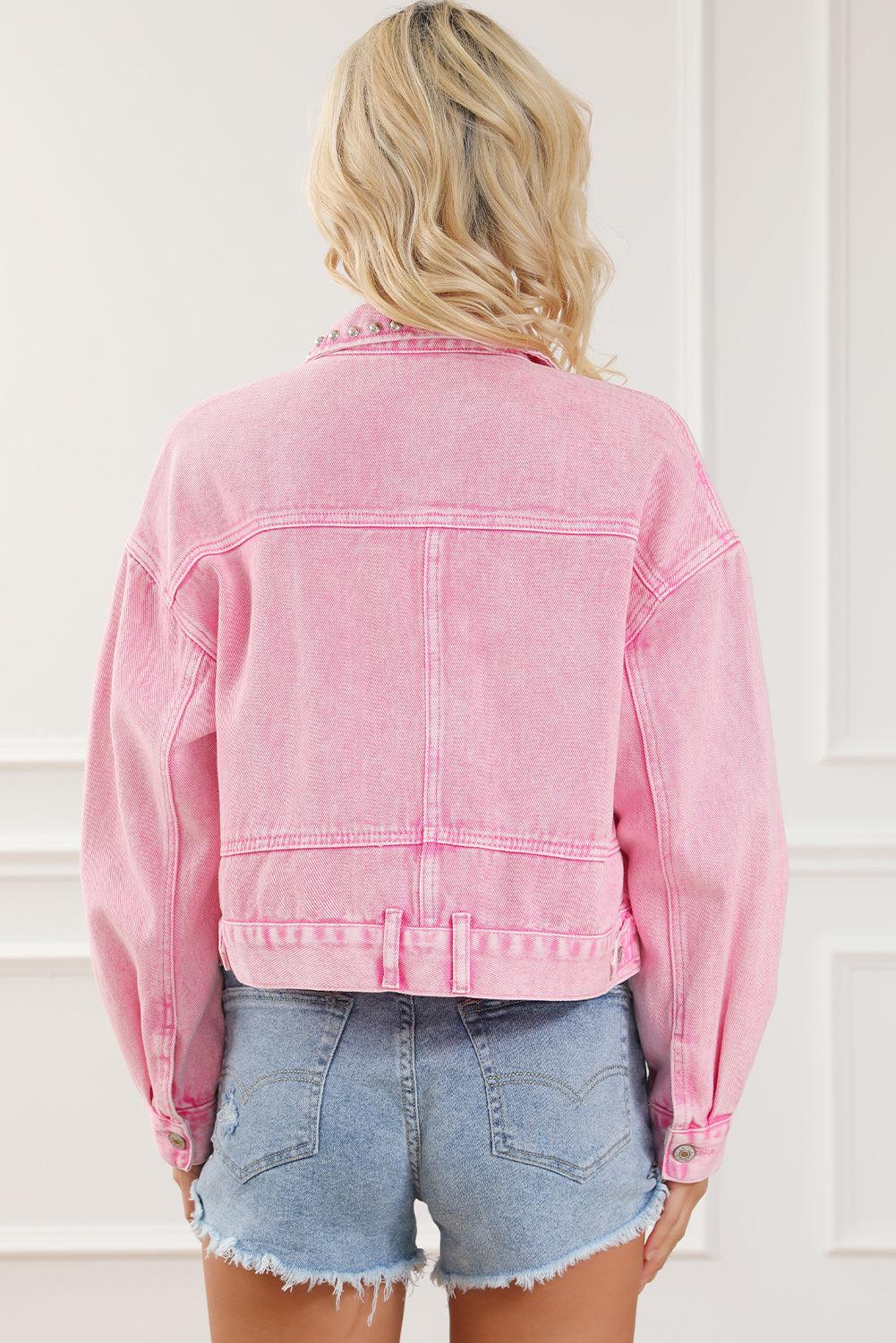 Pink Rivet Studded Pocketed Denim Jacket