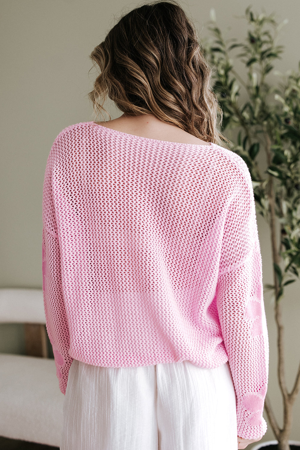 Light Pink Big Flower Hollowed Knit Drop Shoulder Sweater