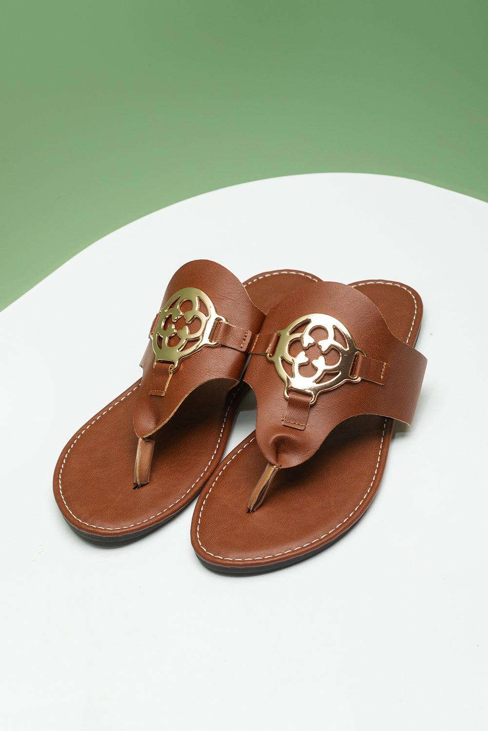 Chestnut Metal Décor Leather Thong Slippers