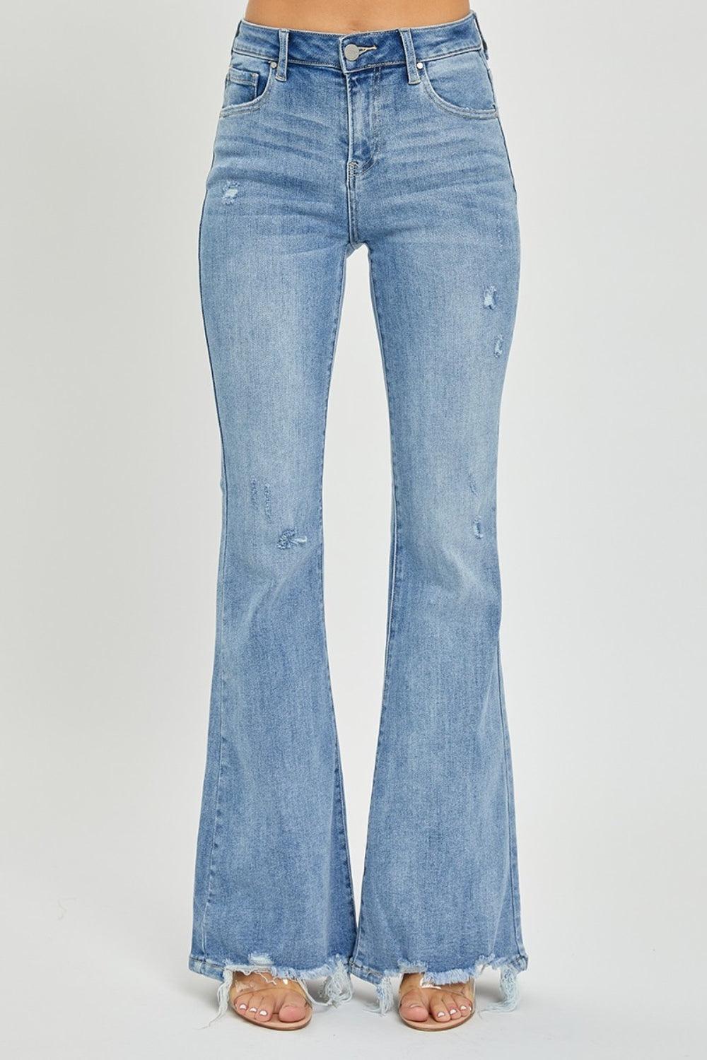 Risen Full Size High Rise Frayed Hem Flare Jeans