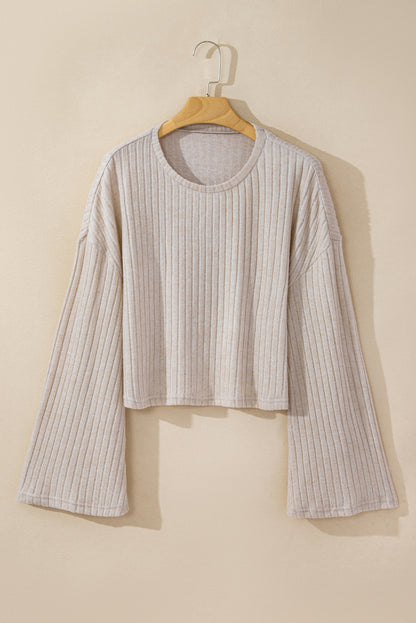 Ribbed Knit Bell Sleeve Crop Top Drawstring Pants Set