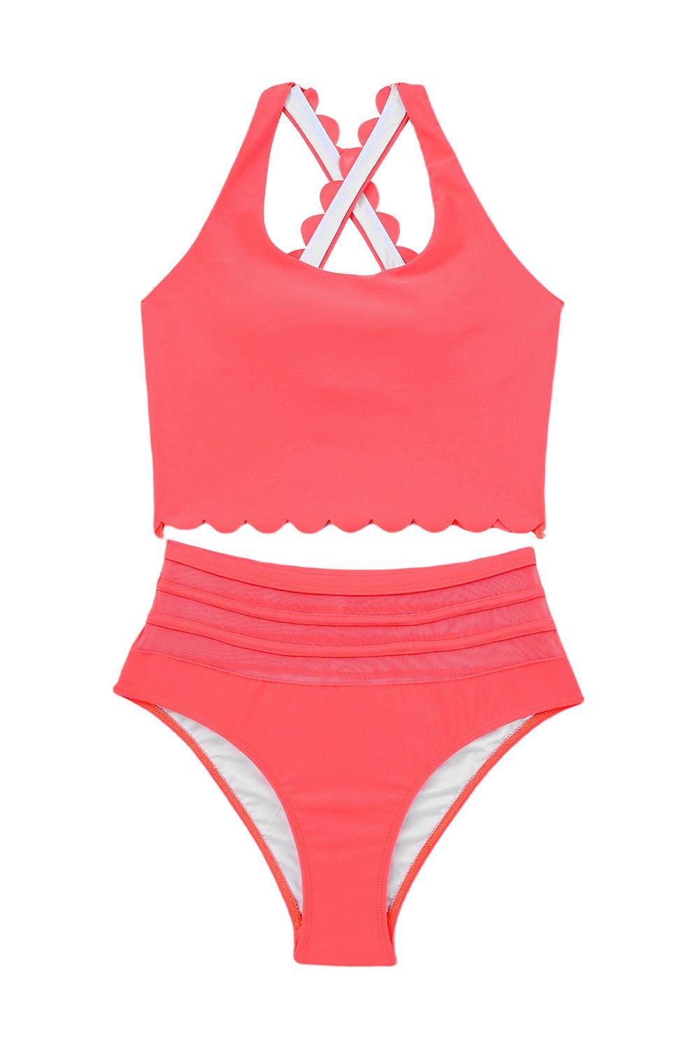 Pink Scalloped Criss Cross High Waist Bikini