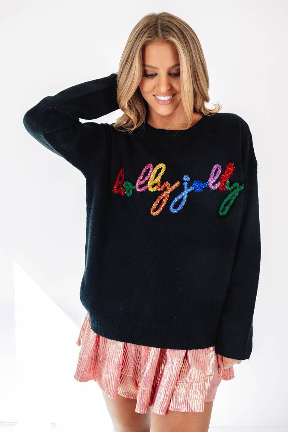 Pink Howdy Heart Graphic Round Neck Casual Sweater