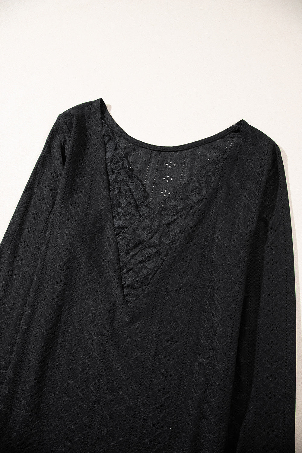 Black Floral Lace Splicing Eyelet Long Sleeve Top
