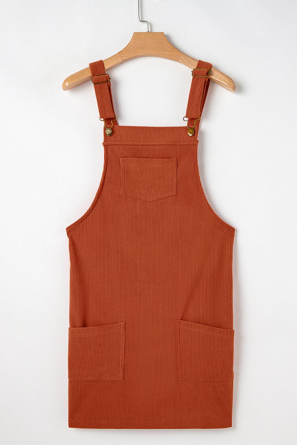 Cinnamon Solid Front Pockets Sleeveless Corduroy Overall Dress