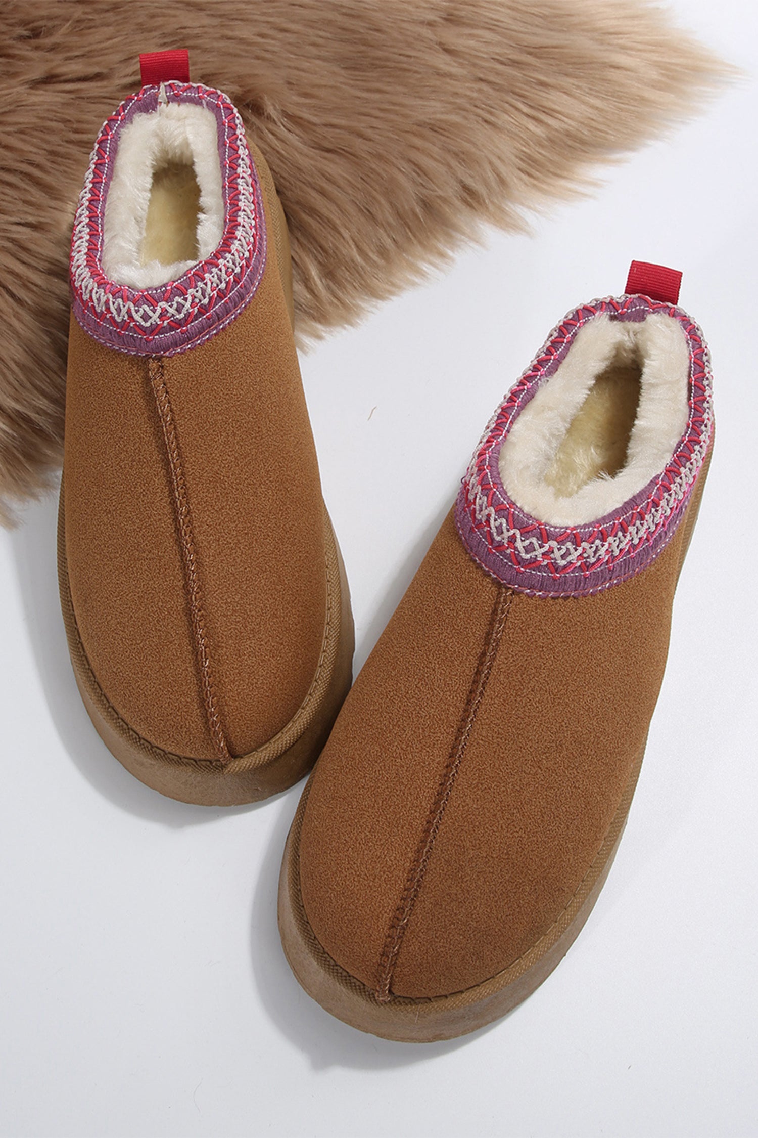 Apricot Pink Suede Contrast Print Plush Lined Snow Boots