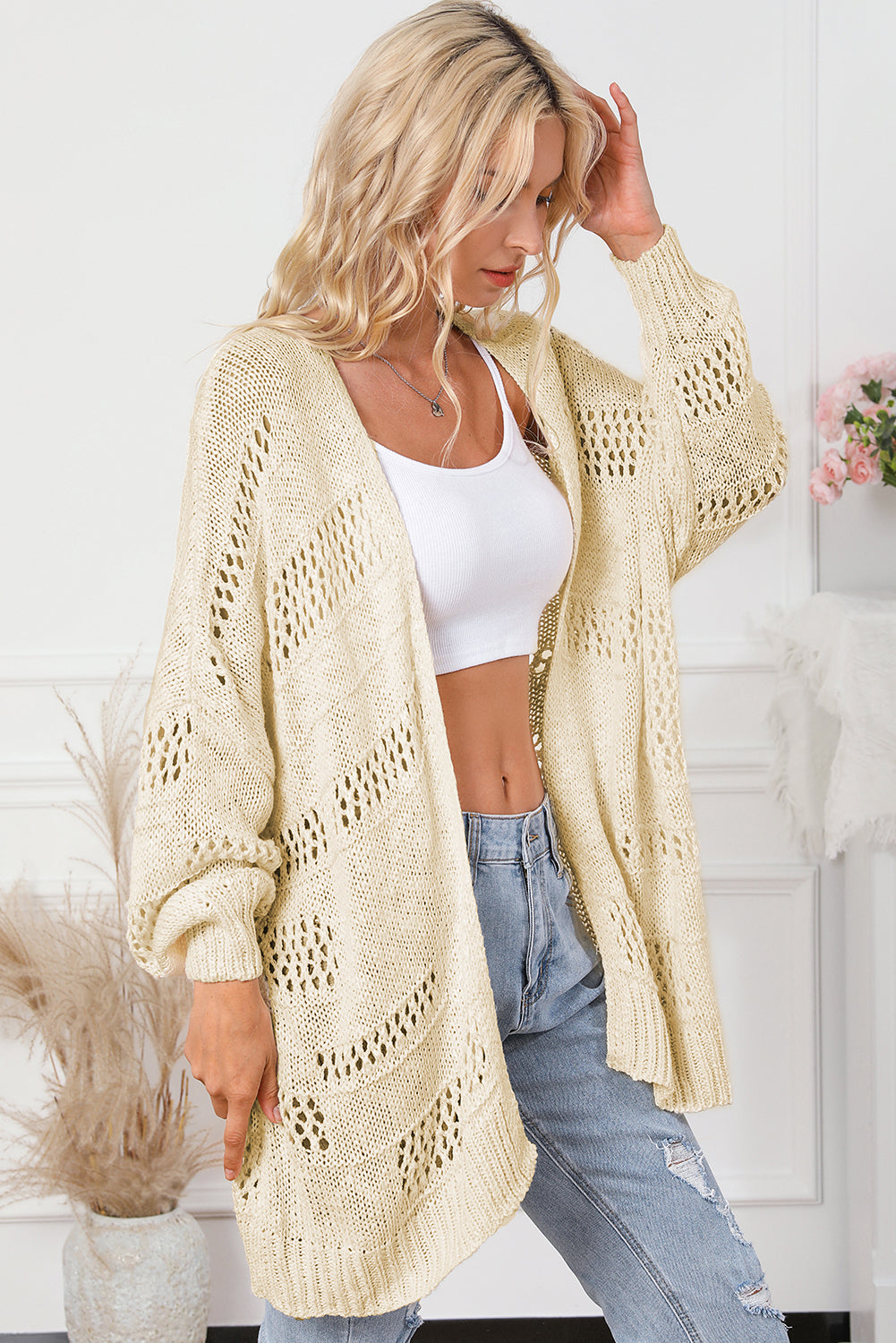 Hollowed Knit Dolman Sleeve Cardigan