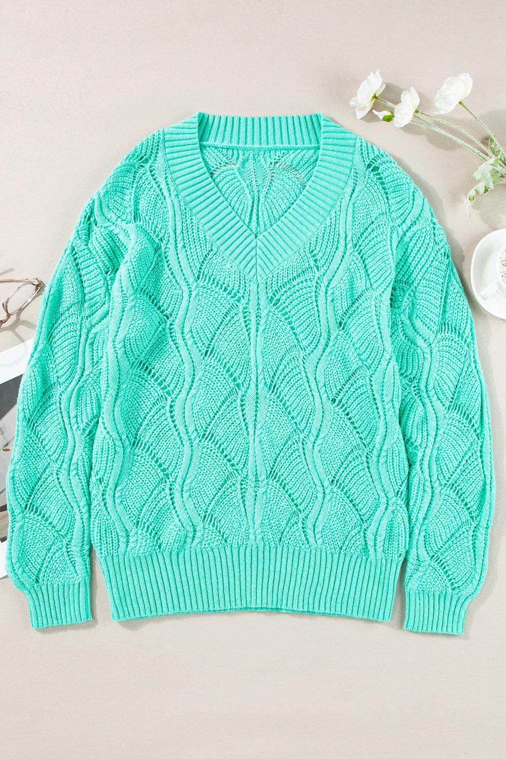 Mint Green Hollow Out Knit V Neck Drop Shoulder Sweater